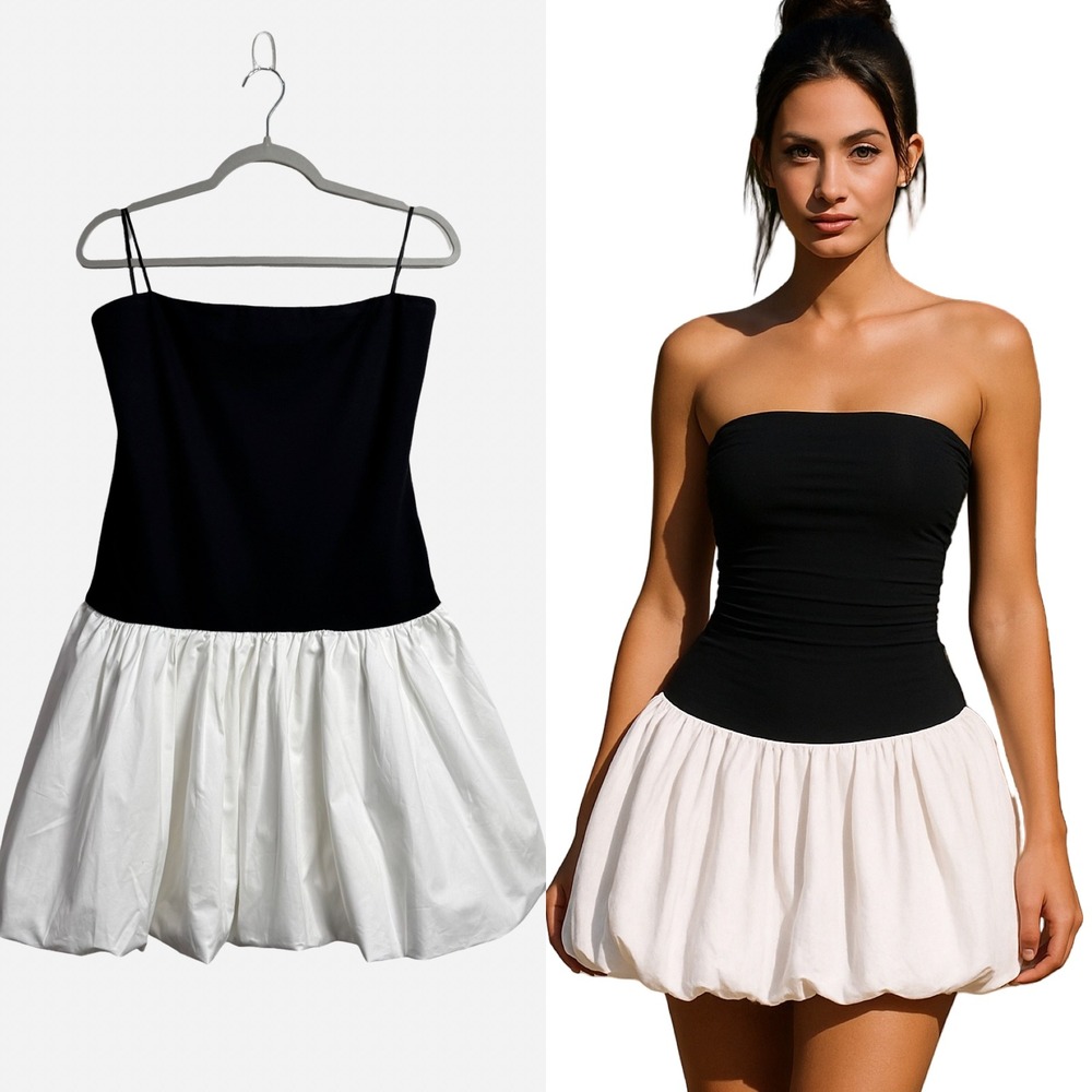 Camila Coelho Bubble Hem Strapless Mini Dress Black White Large Colorblock Party